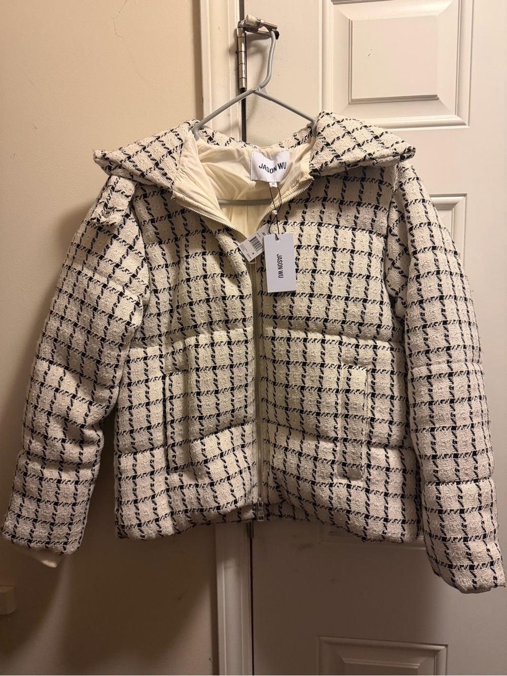 Jason Wu Cream and Black Plaid Tweed Puffer Jacket